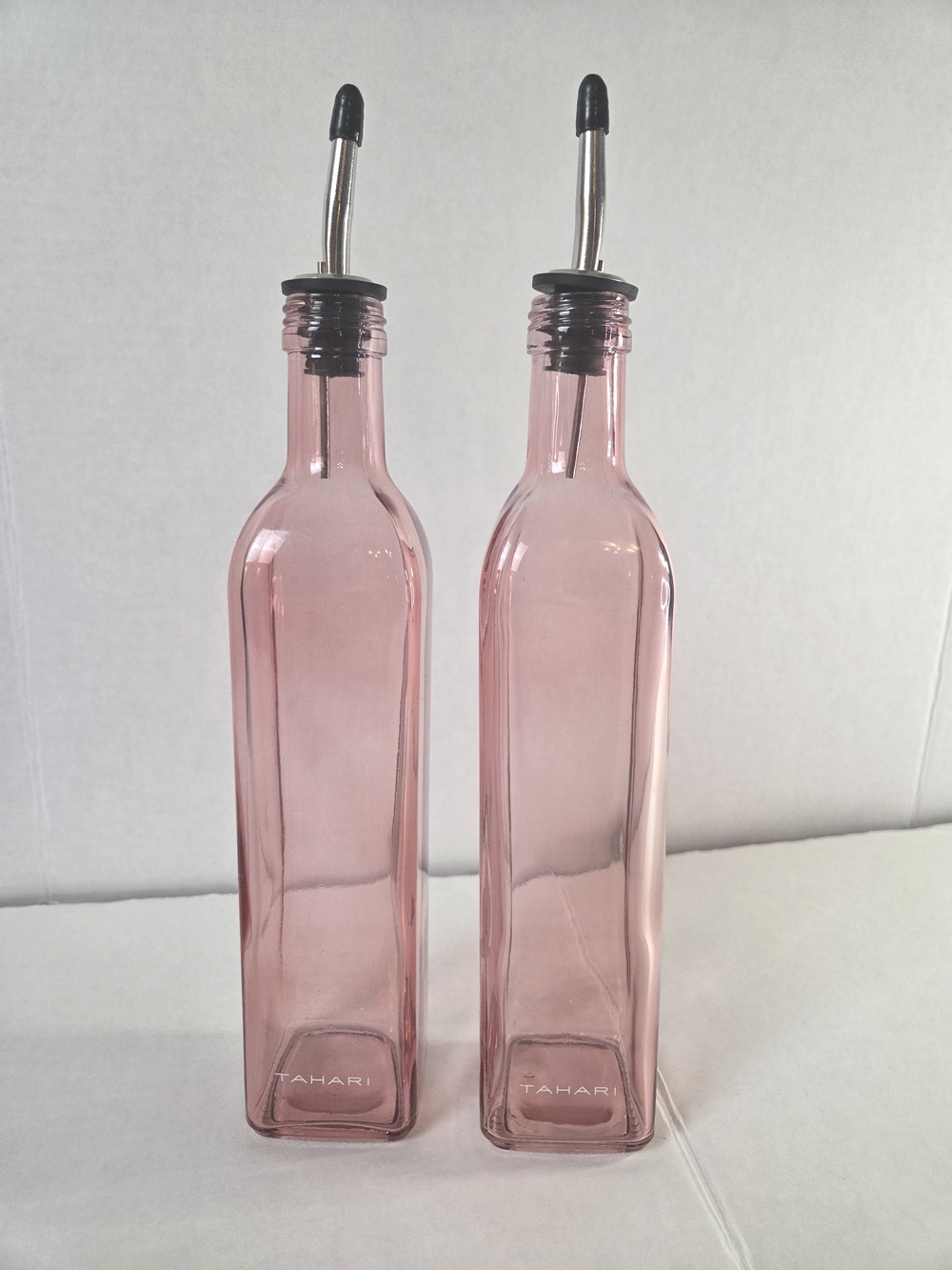 Tahari Pink Glass Oil & Vinegar Cruet Pair with Pour Spouts
